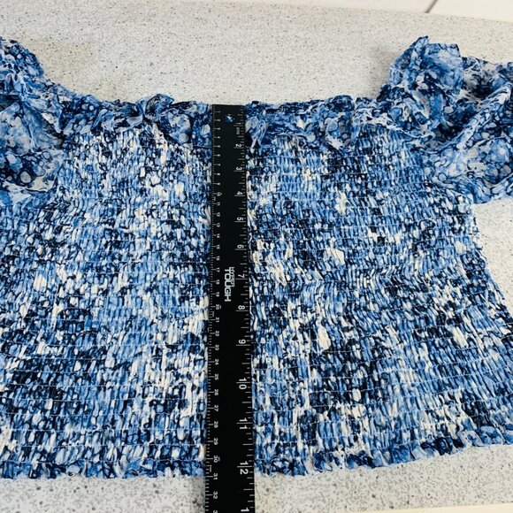 Express 2 Piece Set Off Shoulder Smocked Floral Dress Size M Blue White Crop Top - Picture 8 of 16